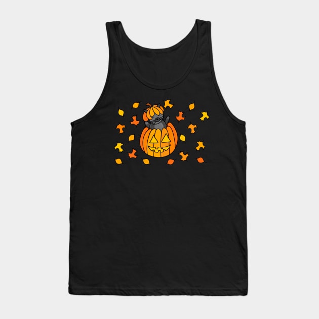 Cartoon Halloween Cat in Jack o Lantern Pumpkin with Fall Leaves on a Purple Backdrop, made by EndlessEmporium Tank Top by EndlessEmporium